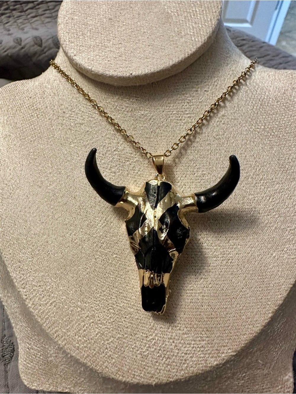 Gold and Black Bull Skull Pendant Necklace - Women Jewelry